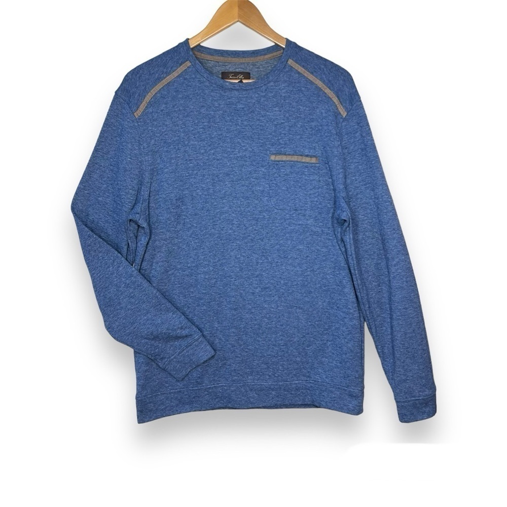 Tasso Elba Men's M Crew-Neck Long-Sleeve‎ Pullover Shirt Faux Suede Trim Blue